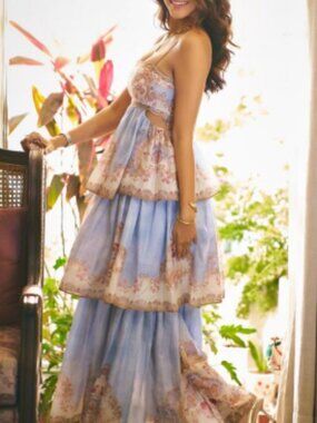 Zimmermann Blue Floral Corset Tiered Maxi Dress Size 0